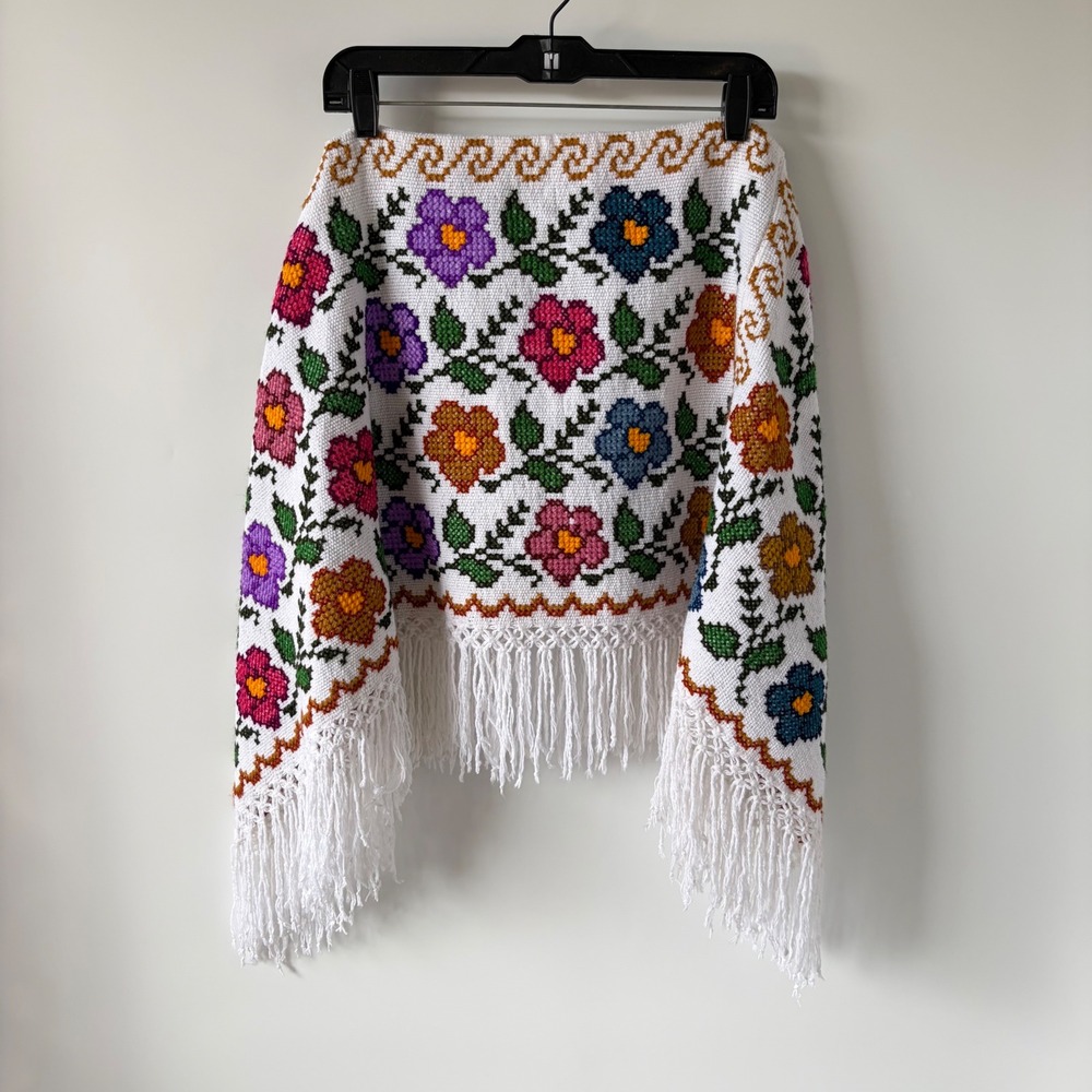 Mexican Cross Stitch Handmade Kids One Size White Floral Folk Fringe Poncho
